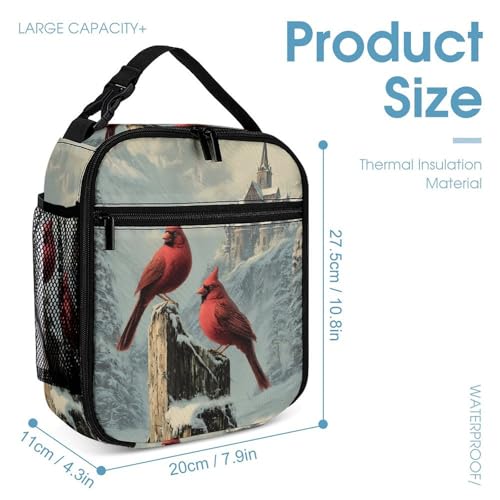 Cardina Birds Church Snowy Trees 3 Pcs Backpacks Set Combination 16“ Travel Backpack Portable Lunch Bag Pencil Case for Unisex4