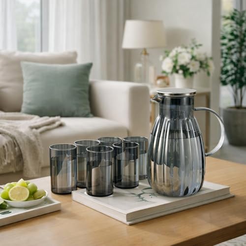 Image of bellemax Premium Water and Juice Glasses Set of 6 and Borosilicate Glass Jug Set Combo,(6 PC Glasses 300ML and 1 Water Jug 1.8 Liter), Transparent, Glass and Jug Set for Dining Table (BM-12)