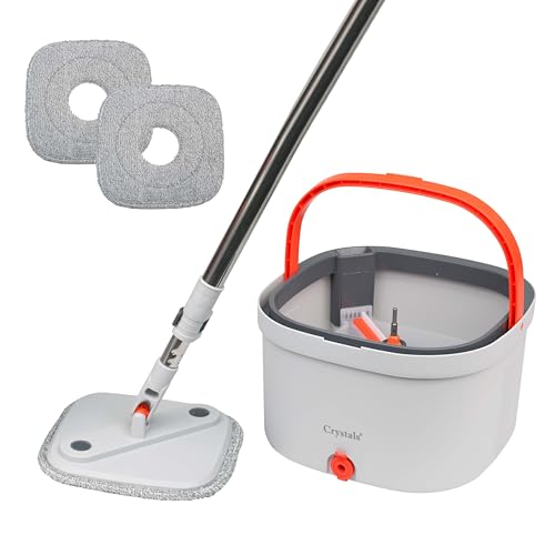 Crystals 360° Spin Mop & Bucket Set – Compact Floor Cleaning System with Squeeze Wringer, Machine‑Washable Microfibre Pads & 360° Rotating Mop Head, Square Mop, Grey (Mop Bucket + 2 x Mop Heads)