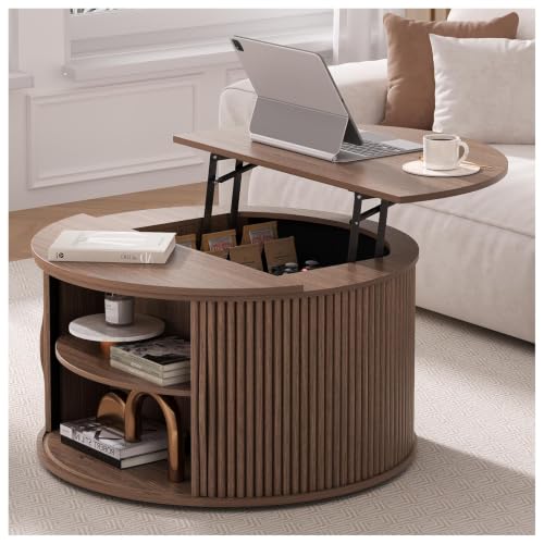 Image of JOINICE Round Lift Top Coffee Table with Storage for Living Room,Walnut | 31.5 inch Drum Design,Hidden Storage&Open Shelf,Modern Fluted Center Table for Small Apartments,Easy Assembly,Up to 150 lbs