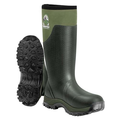 TerraTrax Men's Waterproof Insulated Rubber Hunting Boots – 6mm Neoprene Rain Boots for Outdoor Work, Fishing, Farming & Gardening Green Size 13