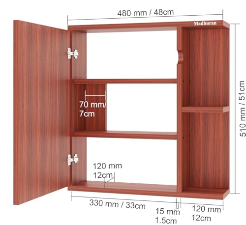 Image of Madhuran Alfred Engineered Wood Wall Mounted Cabinet Mirror (Teak Finish) Makeup Dressing Storage Organizer Box Stand Cabinets Accessories Shelves Decoration Items