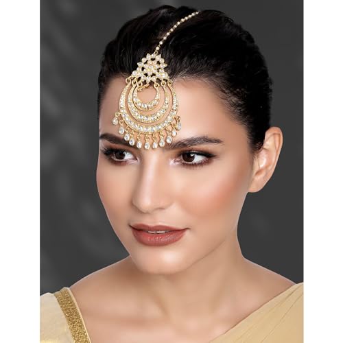 Aheli Faux Kundan Pearl Maang Tikka Bridal Indian Traditional Bollywood Jewelry Set Gift for Women2