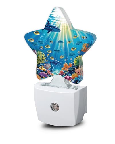 Image of Underwater World Night Light,Sea Ocean Fish Plug-in Star Night Lights with Dusk-to-Dawn Sensor for Bedroom,Bathroom,Living Room Sleep Friendly Lamp for Women Girls Boys Gift,0.5W