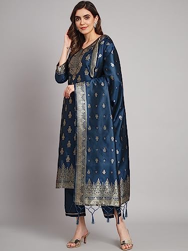 Image of VredeVogel Women's Cotton Silk Jacquard Kurta Pant Set with Banarasi Silk Dupatta