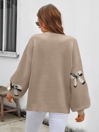 Image of Libsorge Womens Oversized Cute Bows Crewneck Cozy Pullover Sweater | Fall Winter Trendy Long Shoulder Balloon Sleeve Knit Baggy Printed Dressy Casual Valentines Day Vintage Sweaters