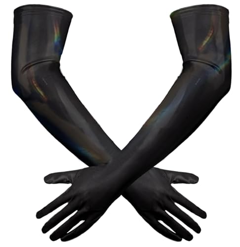 Adigau Gants Longs Cuir Femmes Sexy Effet Mouillé Gants d'Opéra Brillants Élastiques Cosplay Clubwear Noir 3XL