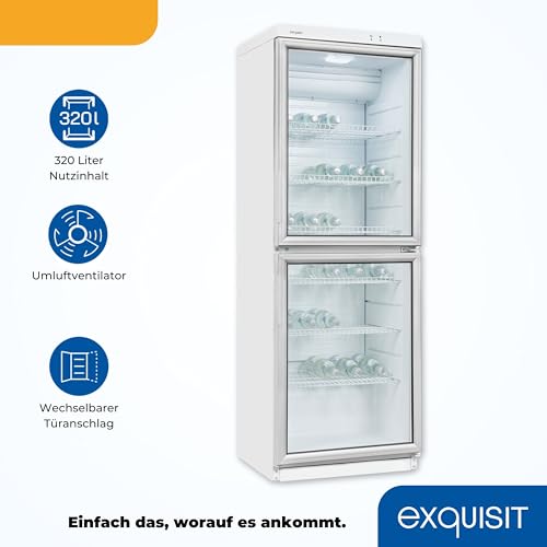 Exquisit Getränkekühlschrank GKS350-2-GT-280D weiss | Flaschenkühlschrank 320 L Volumen | Getränkekühlschrank mit Glastür | LED | Gitterablagen