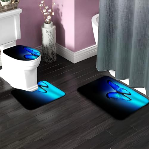 Badezimmerteppich Set Schmetterlingsblaues Muster Badgarnitur 3 Teilig Mikrofaser Badematten Set rutschfest U FöRmige Duschvorleger Super weich, Schnell Trocknend WC-Garnitur Teppich – Bild 5