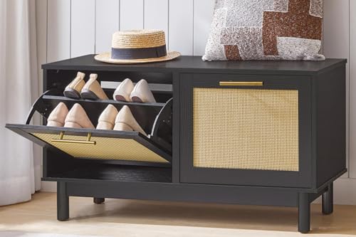 HOOBRO Rattan Shoe Storage Bench with Double Flip Drawers, Narrow Shoe Storage Organizer for Entryway, 11.8" D x 39.4" W x 20.9" H, Hidden Space Saving Wooden Shoe Cabinet for Hallway, Black BN51HX01