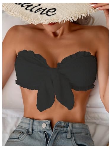 WDIRARA Women's Ruffle Trim Strapless Bandeau Bikini Top Knot Front Bathing Suit Tops4