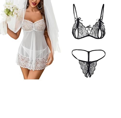 Image of SSoShHub Lace Babydoll Lingerie Sexy Mini Chemise Mesh Wedding Nightie Bridal Nightdress with Bikini