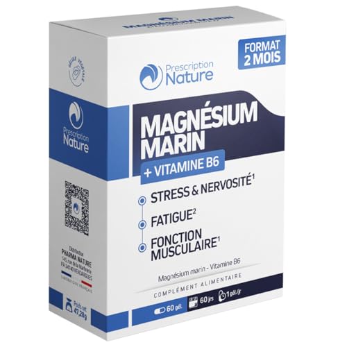 Prescription Nature - MAGNÉSIUM MARIN - Complément Alimentaire, Fatigue et Système Nerveux - Magnésium Marin, Vitamine B6 - Fabrication Française - 60 Gélules