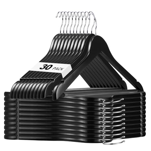 HOUSE DAY Black Wooden Hangers 30 Pack, Solid Wood Hanger with Non Slip Pant Bar, Heavy Duty Wooden Coat Hanger for Closet, Smooth Finish Wood Clothes Hangers for Shirts, Suits Jackets, Dress