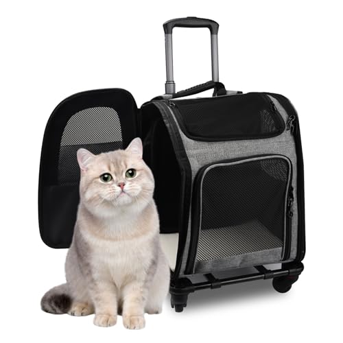 Sac a Dos Chat Transport avec Trolley, Valise pour Chat Respirant et Imperméable, Sac Transport Chat Petit Chien Extensible, pour Petits Animaux de Compagnie Moyens Jusqu'à 15KG, Gris