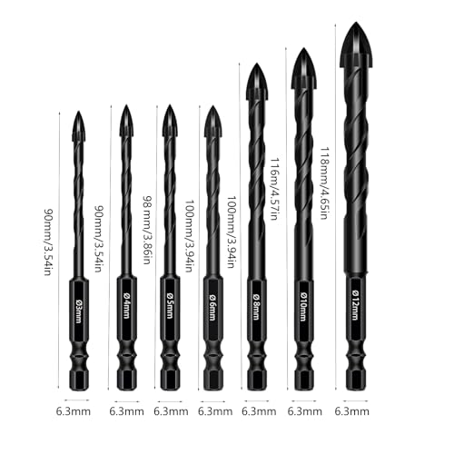 Tile Drill Bit Set 7-Piece 3/4/5/6/8/10/12 mm Hexagonal Shank, Glass Drill Cross Carbide Drill Bit for Tiles Ceramics - Image 2