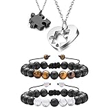 Cupimatch 2 Pairs Couple Matching Necklace Bracelets, Adjustable Stainless Steel Love Heart Shape Puzzle Necklace His and Hers Lava Rock Beads Essential Oil Diffuser Bracelet for Valentine's Day