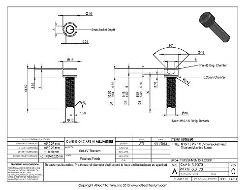 Allied Titanium 0016890, (Pack Of 4) M10-1.5 Pitch X 35Mm Socket Head Machine Screw, Grade 5 (Ti-6Al-4V) #TOP1