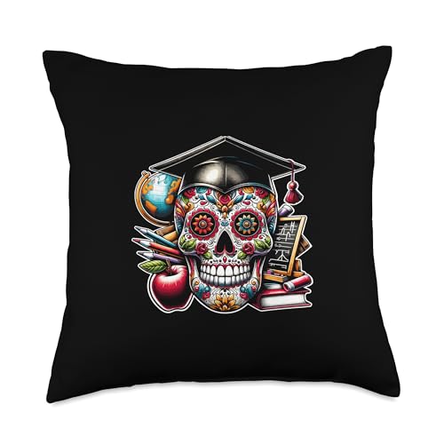 Image of Mexican Teacher School for De Los Muertos Sugar Skull Teacher School Day of The Dead USA Mexico Lovers Throw Pillow, 18x18, Multicolor