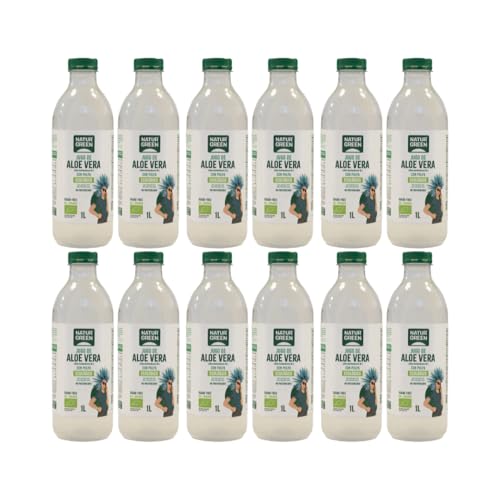 NaturGreen - Jugo de Aloe Vera con Pulpa (99,8%), 12 x 1 Litro, No Pasteurizado, con Fibra de Hoja Fresca, Digestivo, Natural y Ecológico, Sin Azúcar