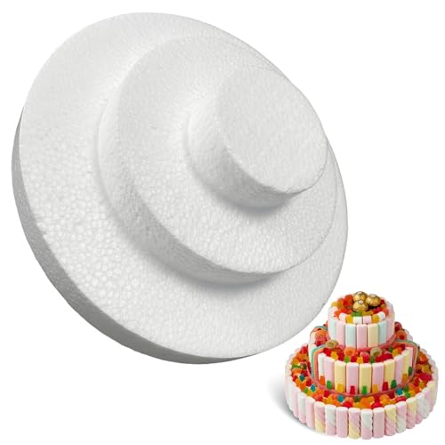 Chefzoco Molde De Poliestireno Para Tartas, Juego De 3 Pisos Para Tartas, Bases Para Tarta, Apto Para Para Arreglos Florales, Cumpleaños, Bodas, Fiestas, Diseño Circulos 3 Niveles 10-20-30 Cm