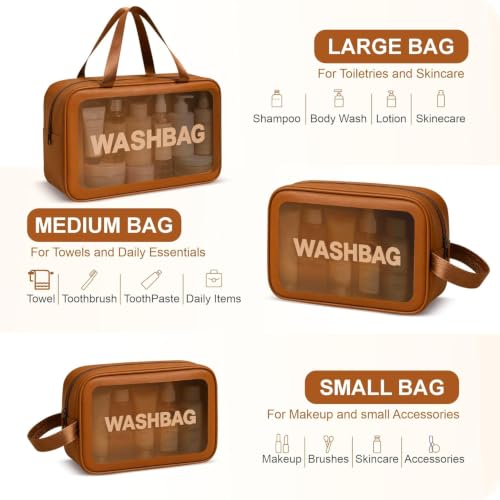 Image of Travel Makeup Pouch Set Toiletry Bag Cosmetic Organizer Bag for Women and Girls Toiletry Storage Kit Set of 3 (Brown)