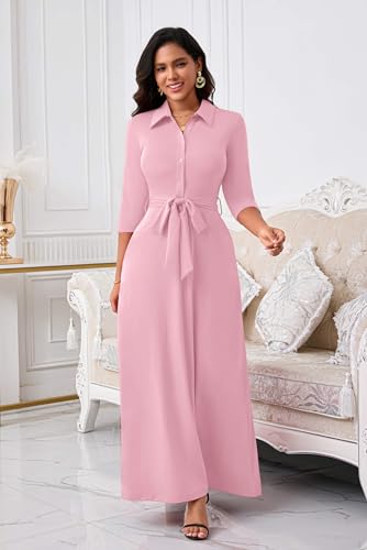 Image of Runwind Women Church Maxi Dresses 3 /4 Sleeve Button Down Print Casual Office Dress African