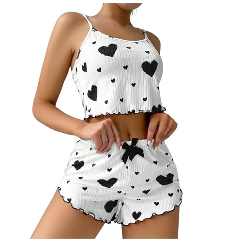 Pijamas Mujer Verano Corto con Estampado de Corazón Camiseta sin Mangas y Pantalones Cortos, Ropa de Dormir Sexy Conjunto de Pijama Suave y Cómodo Sleepwear Lindo (Blanco+Negro, S)