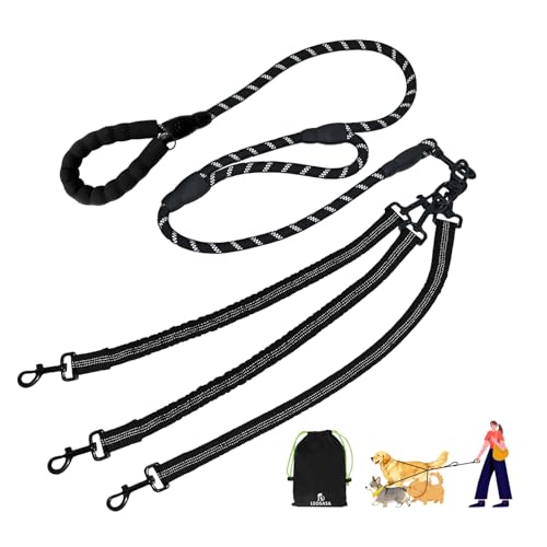 LEOSASA No Tangle Leash for 3 Dogs 3-in-1 Leash with 360 Swivel & Shock Absorbing Bungee Padded Handle No Tangle Walking Lead for Large Medium Small Dog