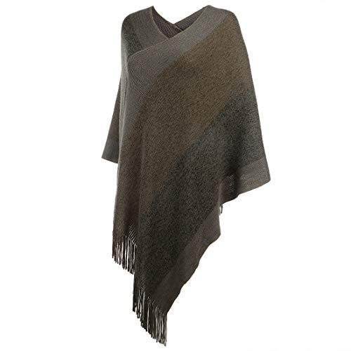 Image of Women's Elegant Knitted Shawl Poncho with Fringed V-Neck Striped Sweater Pullover Cape Gifts for Women Mom