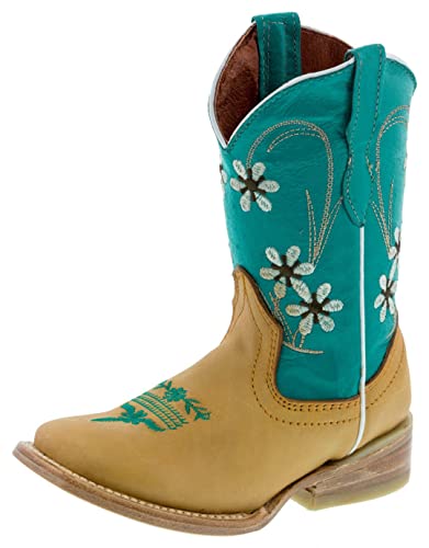 Girls Baby Blue Yellow Floral Embroidery Kids Boots Square Toe