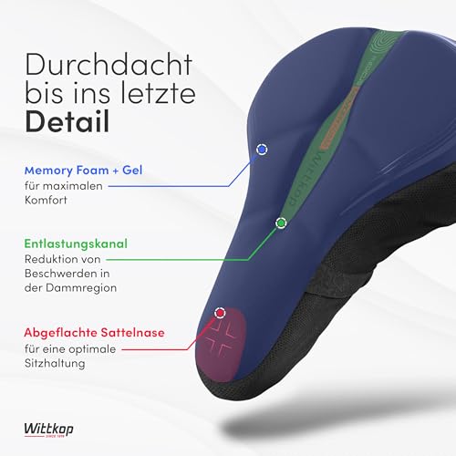 WITTKOP Fahrradsitzkissen mit Gelkissen & Memory-Schaum I Ergonomischer Fahrradsitzbezug für Damen und Herren mit 3-Zonen-Konzept I Bequemer Fahrradsattelbezug für Peloton & Fahrradsitz