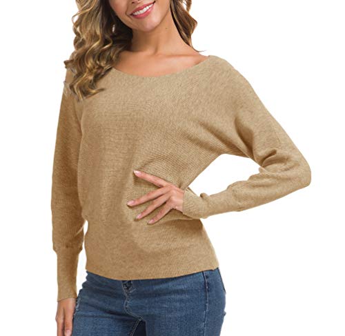 Feiersi Round Neck Long Sleeves Dolman Knitted Sweaters And Pullovers Tops For Women (Khaki,Large) #TOP2
