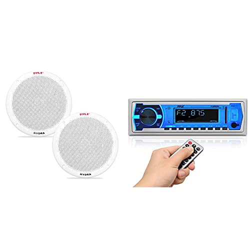 Image of Pyle 6.5 Inch Dual Marine Speakers - 2 Way Waterproof and Weather Resistant Outdoor Stereo Sound System with 400 Watt Power, Polypropylene Cone and Butyl Rubber Surround - 1 Pair - PLMR605W(White) and Pyle Marine Bluetooth Stereo Radio - 12v Single DIN Style Boat In dash Radio Receiver System with Built-in Mic, Digital LCD, RCA, MP3, USB, SD, AM FM Radio - Remote Control - PLMRB29W (White)