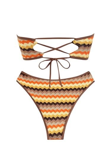 Image of ZAFUL Women Strapless Textured Bandeau Bikini 2 Piece Swimwear Cheeky Solid Lace up Bathing Suits
