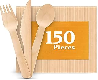 150pcs Wooden Cutlery Set Disposable Biodegradable Wood Non Plastic Eco Friendly for Picnic Party , Office and Weddings - 50 Forks , 50 Knives , 50 Spoons