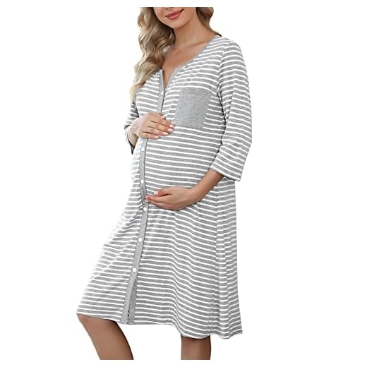 Marvmys Stillnachthemd Damen 3/4 Ärmel Geburtskleid Umstandsnachthemd Baumwolle Streifen Schlafhemd mit Durchgehender Knopfleiste Pyjama für Schwangere Hellgrau L