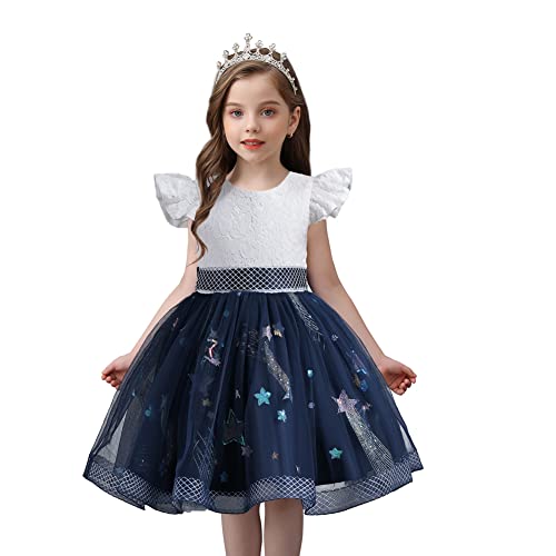 Robe de fête d'anniversaire fille bleu marine, magnifique robe tutu en dentelle