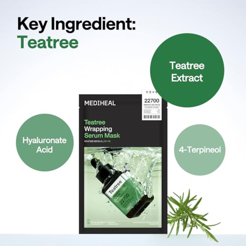 Image of MEDIHEAL Wrapping Serum Mask [Teatree] Calming Hydra - 99% Pure Teatree & Terpineol for Acne-Prone Skin - Helps Calm Redness & Control Excess Oil - Improves Overall Skin Clarity (10 Sheets)