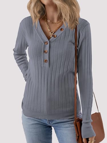 Image of MEROKEETY Women's 2025 Long Sleeve V Neck Ribbed Button Knit Sweater Solid Color Tops