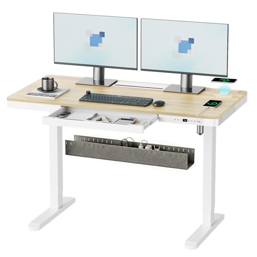 Image of Electric Standing Desk with Drawer & Wireless Charging, Height Adjustable Sit Stand Desk with USB Charging Station, Hidden Cable Management Tray, 48 inch Ergonomic Home Office Computer Desk, Light Wood