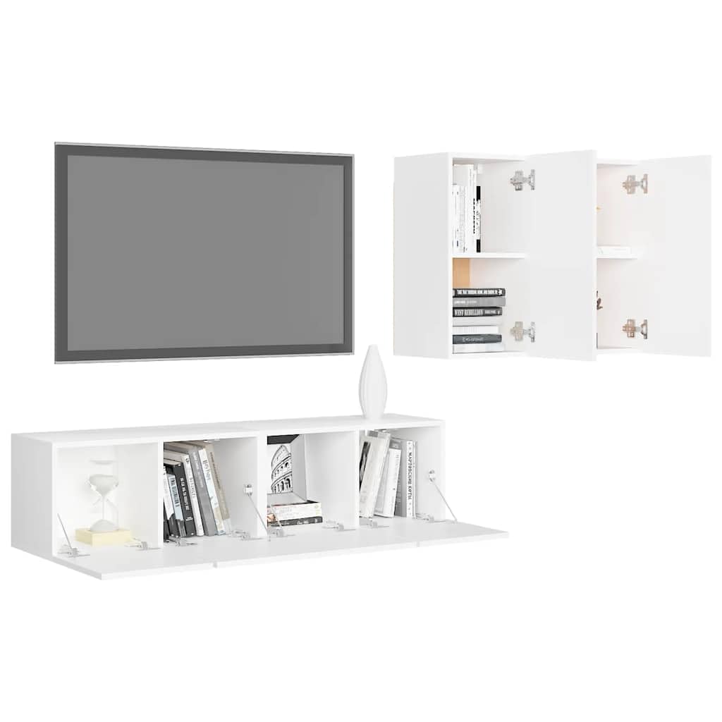 4-TLG. TV-Schrank-Set Weiß Holzwerkstoff, Hängendes Lowboard für Wohnzimmer, Modernes Media-Center mit Viel Stauraum, Einfache Wandmontage
