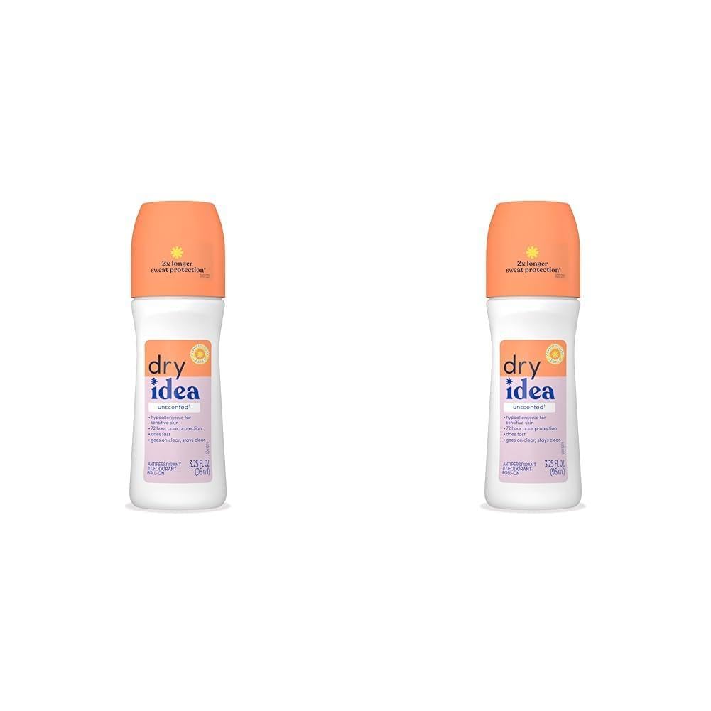 dry idea roll-on deodorant & antiperspirant | 2x longer sweat protection | 72-hour odor protection | unscented & hypoallergenic for sensitive skin, 3.25 oz. (pack of 2)
