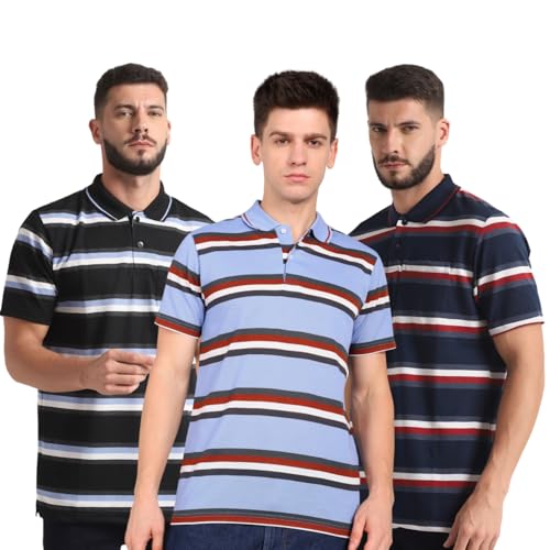Image of INKKR Highflay Striped Men Regular Fit Polo Neck T-Shirt Combo
