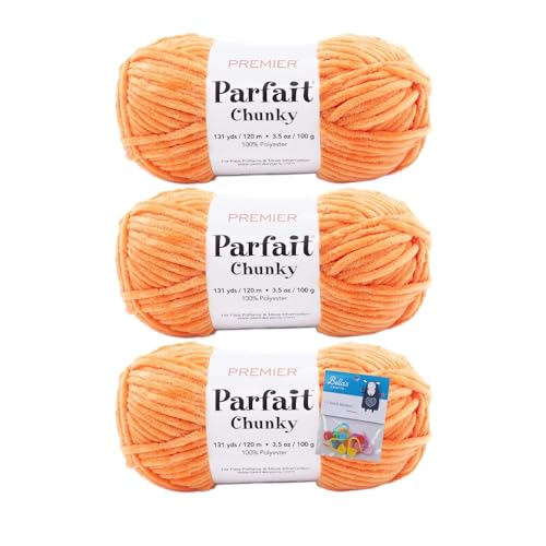 Image of Premier Yarns Parfait Chunky Chenille Yarn 3.5 Oz 6 Super Bulky Weight 3 Pack Bundle with Bella's Stitch Place Holders (Tangerine)