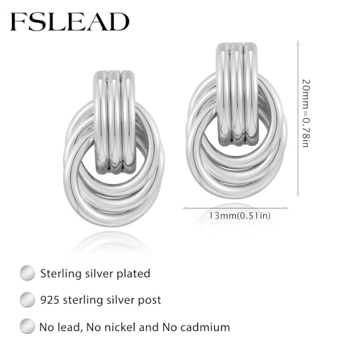 FSLEAD 925 Sterling Silver Plated Knot Earrings for Women Long Twisted Silver Statement Earring Geometric Trendy Knot Link Dangle Earring Drop Chunky Earring — view 6