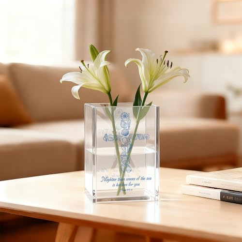 Image of Mightier Than Waves Of The Sea Acrylic Pen Holder Makeup Organizer | Funny Seashells Christian Pencil Pen Holder for Desk, Sea Bible Verse Desk Accessories, Religious Baptism Gifts for Women Men