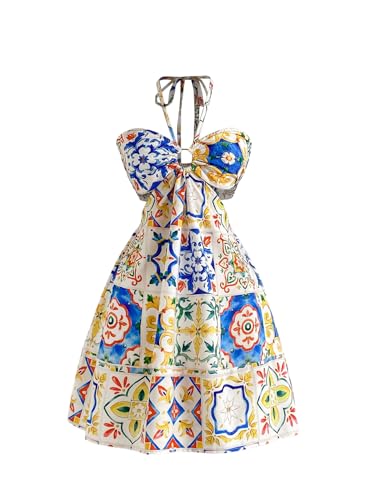 Image of Floerns Women's Floral Halter Neck Vacation Dress Sleeveless Cut Out Boho Cami Dress