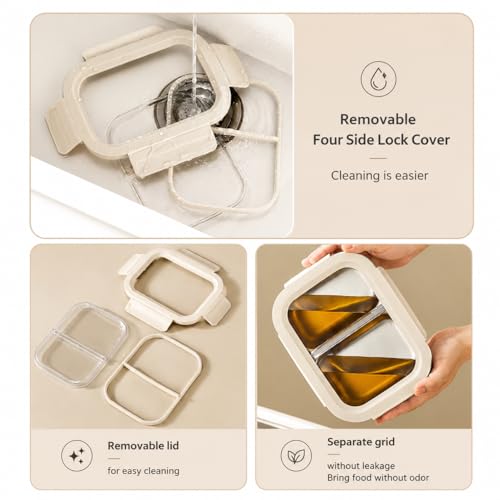 Image of Motka Premium 600 ml Divided Bento Lunch Box | 316L Stainless Steel 2 Compartment with Detachable Leak-Proof Locking Lid | Airtight Tiffin Box for Kids, School, Office & Travel (Beige)