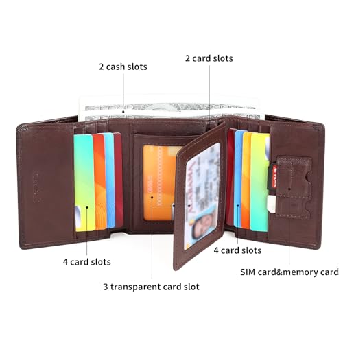 Trifold Wallets for Men Genuine Leather Large Capacity RFID Blocking, Includes Id Window and Credit Card Holder,Mens Wallets Leather (Coffee)2